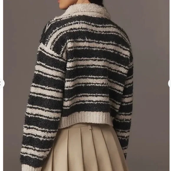 MAEVE by Anthropologie Striped Polo Sweater Grey/Cream Size Small